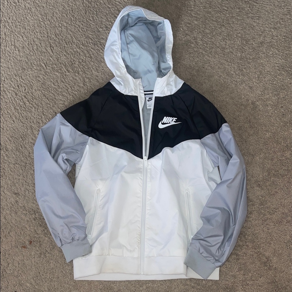 Nike White, Black & Light Gray Hooded Windbreaker Jacket